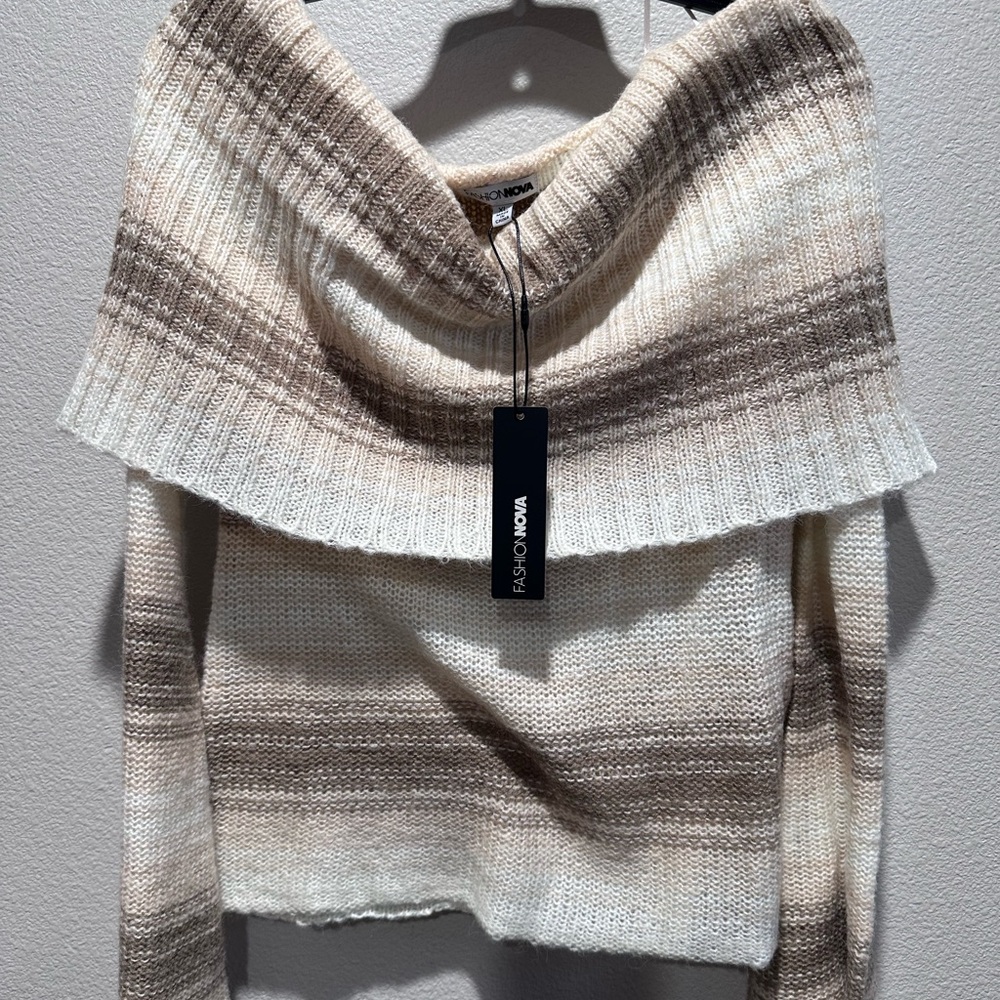 Fashion Nova Off-the-Shoulder Sweater in Cream and Brown Size XL